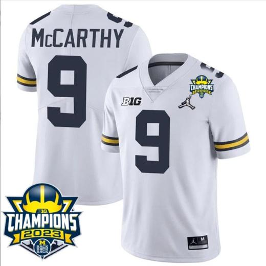 Men's JJ McCarthy Jersey #9 Michigan Wolverines 2023 Big Ten Back to Back Champions Patch Stitched White