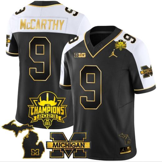 Men's JJ McCarthy Jersey #9 Michigan Wolverines 2023 Big Ten Back to Back Champions Patch Stitched Gold Alternate