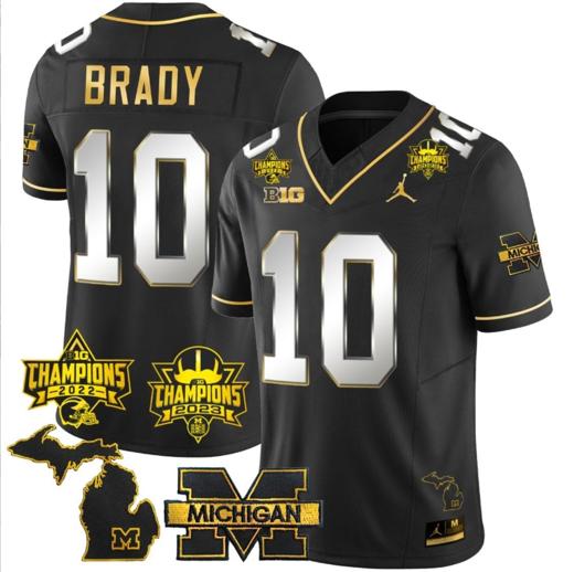 Men's Tom Brady Jersey #10 Michigan Wolverines 2023 Big Ten Back to Back Champions Patch Stitched Black Limited