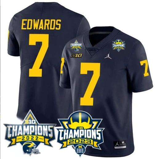 Men's Donovan Edwards Jersey #7 Michigan Wolverines 2023 Big Ten Back to Back Champions Patch Stitched Navy