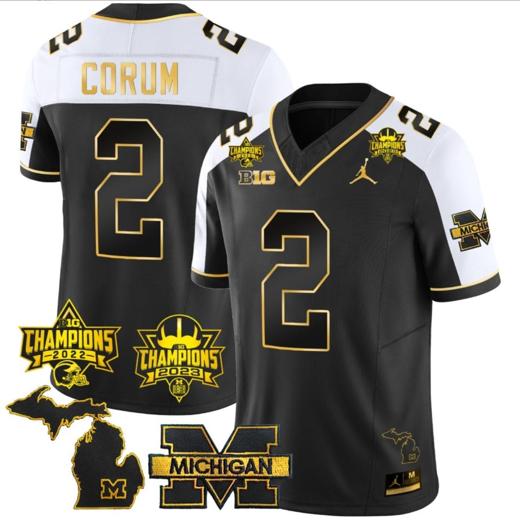 Men's Blake Corum Jersey #2 Michigan Wolverines 2023 Big Ten Back to Back Champions Patch Stitched Gold Alternate