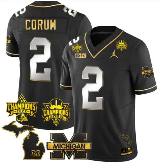 Men's Blake Corum Jersey #2 Michigan Wolverines 2023 Big Ten Back to Back Champions Patch Stitched Black Limited