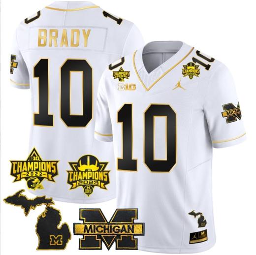 Men's Tom Brady Jersey #10 Michigan Wolverines 2023 Big Ten Back to Back Champions Patch Stitched White Gold