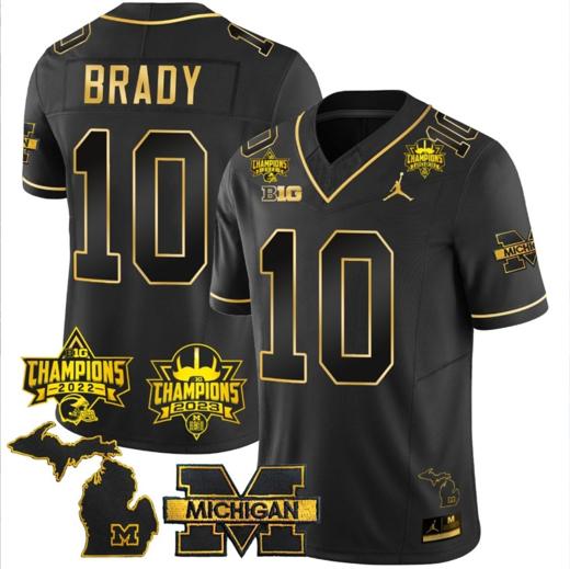 Men's Tom Brady Jersey #10 Michigan Wolverines 2023 Big Ten Back to Back Champions Patch Stitched Black Gold