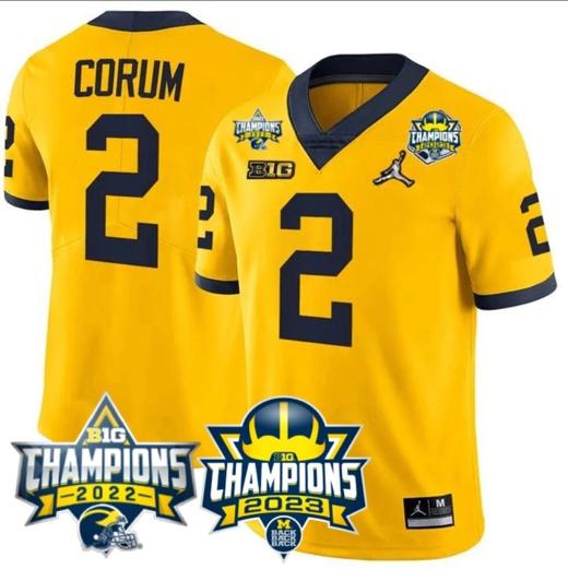 Men's Blake Corum Jersey #2 Michigan Wolverines 2023 Big Ten Back to Back Champions Patch Stitched Maize