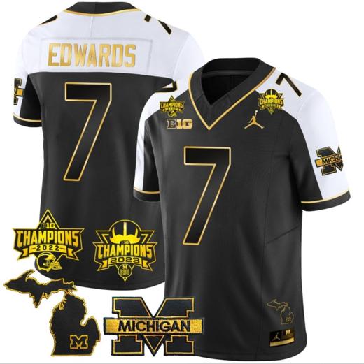 Men's Donovan Edwards Jersey #7 Michigan Wolverines 2023 Big Ten Back to Back Champions Patch Stitched Gold Alternate