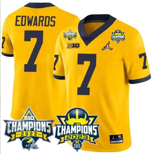 Men's Donovan Edwards Jersey #7 Michigan Wolverines 2023 Big Ten Back to Back Champions Patch Stitched Maize