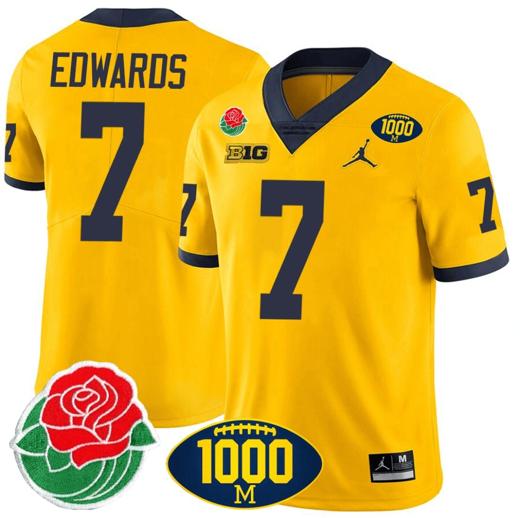 Men's Donovan Edwards Jersey #7 Michigan Wolverines 1000 Wins & Rose Bowl Patch Special Yellow