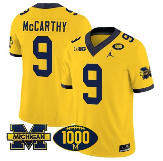 Men's JJ McCarthy Jersey #9 Michigan Wolverines 1000 Wins Patch Vapor College Football Maize