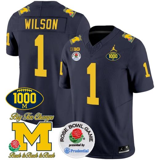 Men's Roman Wilson Jersey #1 Michigan Wolverines Vapor Stitched 1000 Wins Rose Bowl Patch Navy