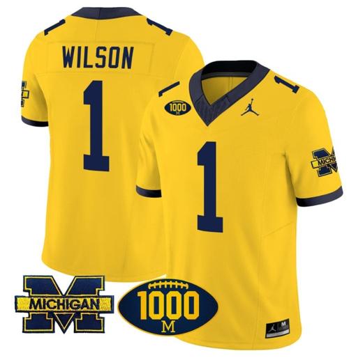 Men's Roman Wilson Jersey #1 Michigan Wolverines 1000 Wins Patch Vapor Limited Football Maize