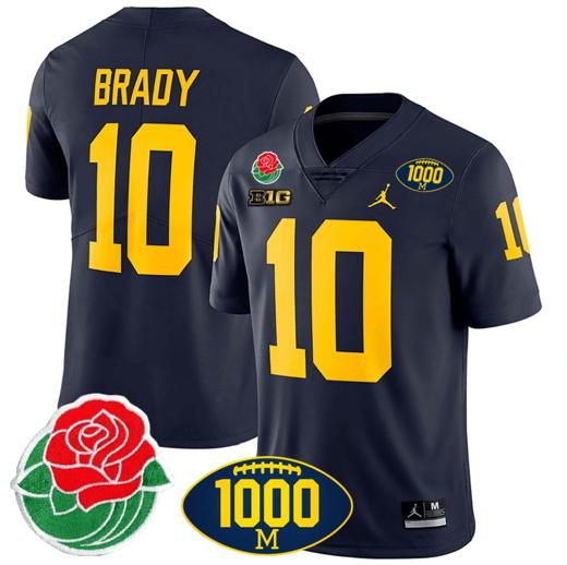 Men's Tom Brady Jersey #10 Michigan Wolverines 1000 Wins & Rose Bowl Patch Special Navy