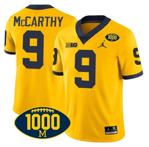 Men's JJ McCarthy Jersey #9 Michigan Wolverines 1000 Wins Patch College Football Yellow