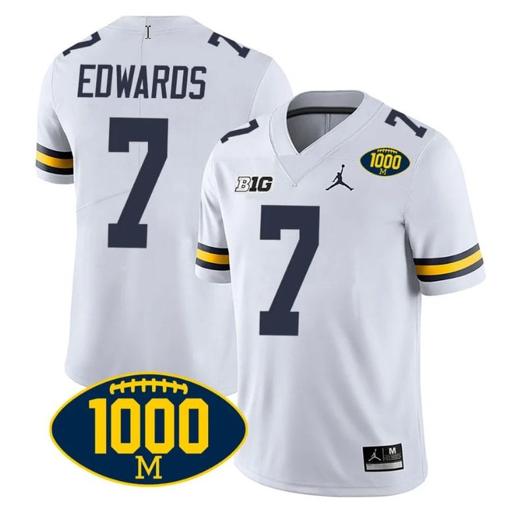 Men's Donovan Edwards Jersey #7 Michigan Wolverines 1000 Wins Patch College Football White