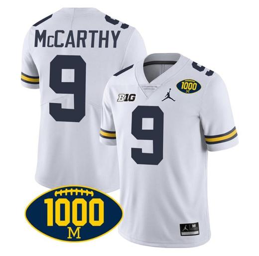 Men's JJ McCarthy Jersey #9 Michigan Wolverines 1000 Wins Patch College Football White