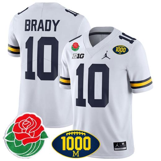 Men's Tom Brady Jersey #10 Michigan Wolverines 1000 Wins & Rose Bowl Patch Special White