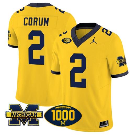 Men's Blake Corum Jersey #2 Michigan Wolverines 1000 Wins Patch Vapor Limited Football Maize