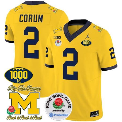 Men's Blake Corum Jersey #2 Michigan Wolverines Vapor Stitched 1000 Wins Rose Bowl Patch Maize