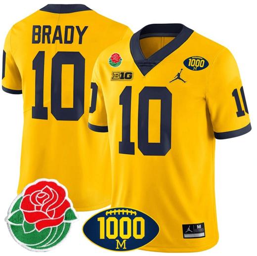 Men's Tom Brady Jersey #10 Michigan Wolverines 1000 Wins & Rose Bowl Patch Special Yellow