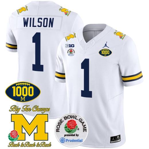 Men's Roman Wilson Jersey #1 Michigan Wolverines Vapor Stitched 1000 Wins Rose Bowl Patch White