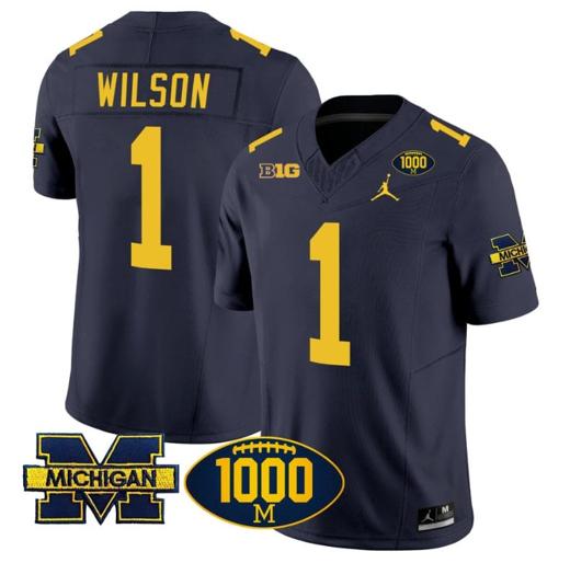 Men's Roman Wilson Jersey #1 Michigan Wolverines 1000 Wins Patch Vapor College Football Navy