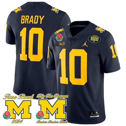 Men's Tom Brady Jersey #10 Michigan Wolverines 1000 Wins Rose Bowl Big Ten Champs Patch Navy