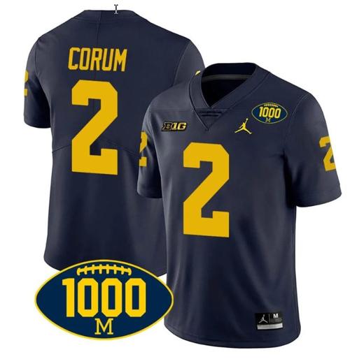 Men's Blake Corum Jersey #2 Michigan Wolverines 1000 Wins Patch College Football Navy