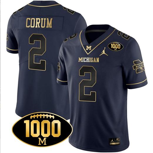 Men's Blake Corum Jersey #2 Michigan Wolverines 1000 Wins Patch Football All Stitched Navy Gold