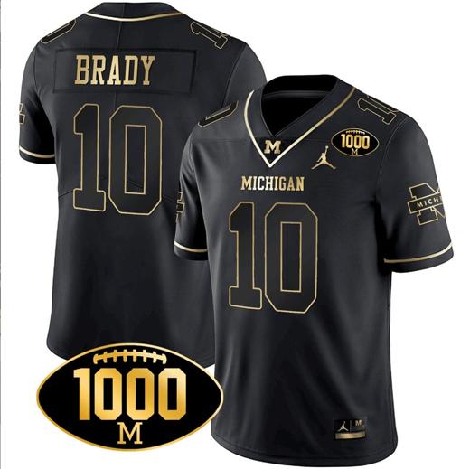 Men's Tom Brady Jersey #10 Michigan Wolverines 1000 Wins Patch Football All Stitched Black Gold