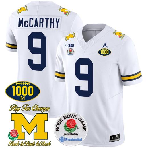 Men's JJ McCarthy Jersey #9 Michigan Wolverines Vapor Stitched 1000 Wins Rose Bowl Patch White