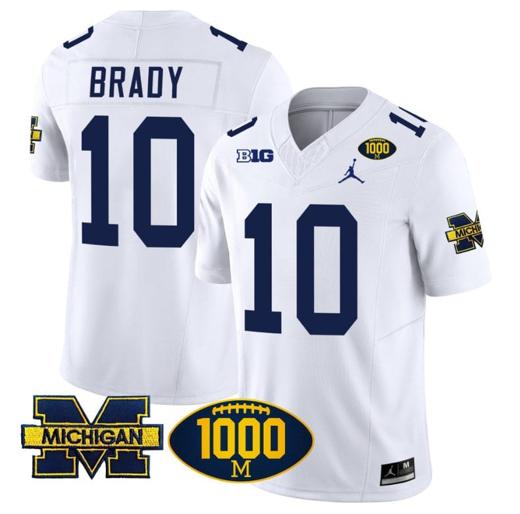 Men's Tom Brady Jersey #10 Michigan Wolverines 1000 Wins Patch Vapor College Football White