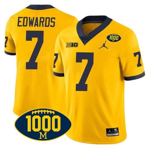 Men's Donovan Edwards Jersey #7 Michigan Wolverines 1000 Wins Patch College Football Yellow