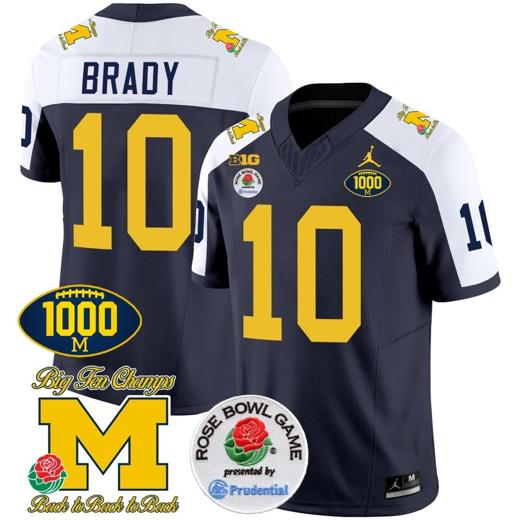 Men's Tom Brady Jersey #10 Michigan Wolverines Vapor Stitched 1000 Wins Rose Bowl Patch Alternate