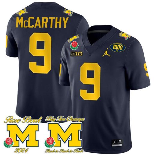 Men's JJ McCarthy Jersey #9 Michigan Wolverines 1000 Wins Rose Bowl Big Ten Champs Patch Navy