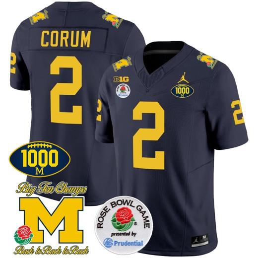 Men's Blake Corum Jersey #2 Michigan Wolverines Vapor Stitched 1000 Wins Rose Bowl Patch Navy