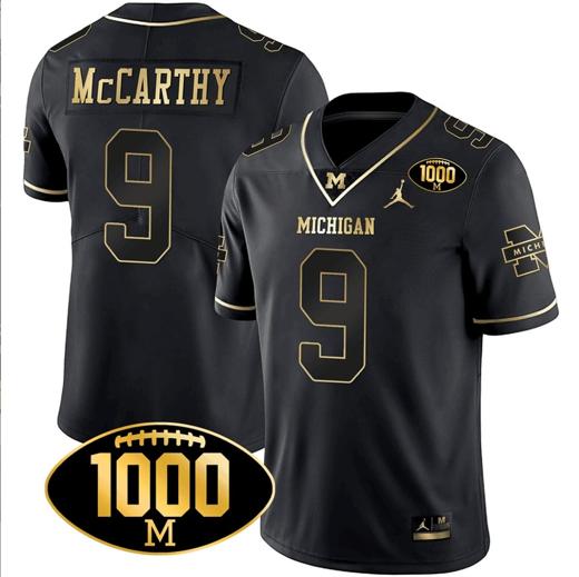 Men's JJ McCarthy Jersey #9 Michigan Wolverines 1000 Wins Patch Football All Stitched Black Gold