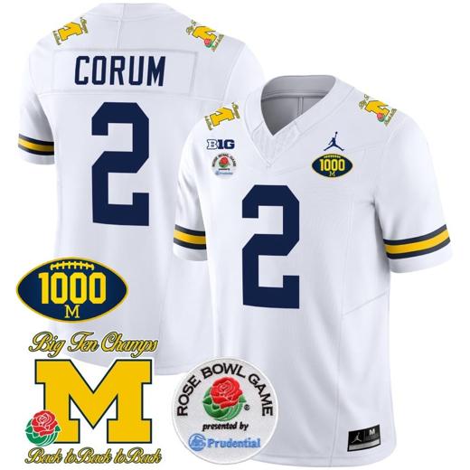 Men's Blake Corum Jersey #2 Michigan Wolverines Vapor Stitched 1000 Wins Rose Bowl Patch White