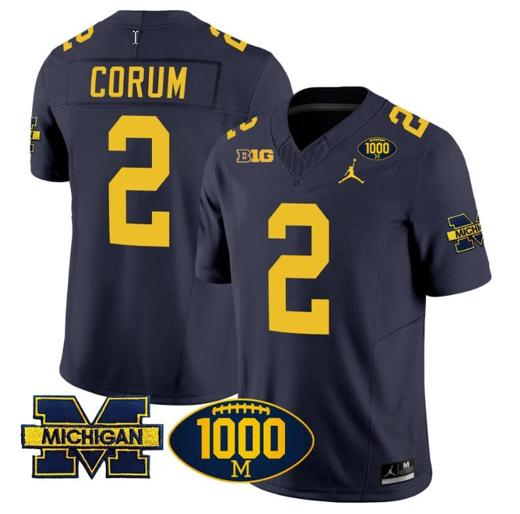 Men's Blake Corum Jersey #2 Michigan Wolverines 1000 Wins Patch Vapor College Football Navy