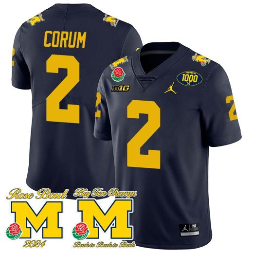 Men's Blake Corum Jersey #2 Michigan Wolverines 1000 Wins Rose Bowl Big Ten Champs Patch Navy