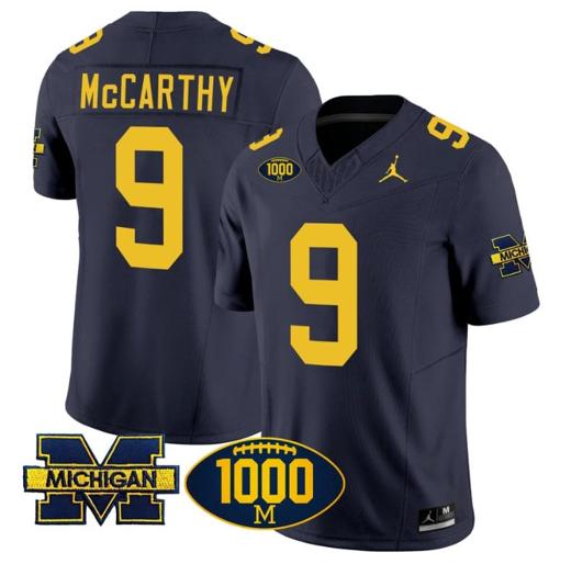 Men's JJ McCarthy Jersey #9 Michigan Wolverines 1000 Wins Patch Vapor Limited Football Navy