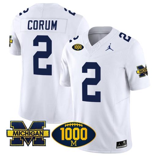 Men's Blake Corum Jersey #2 Michigan Wolverines 1000 Wins Patch Vapor Limited Football White