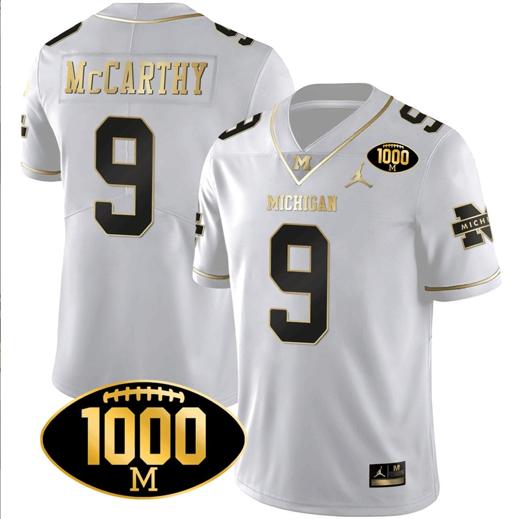 Men's JJ McCarthy Jersey #9 Michigan Wolverines 1000 Wins Patch Football All Stitched White Gold