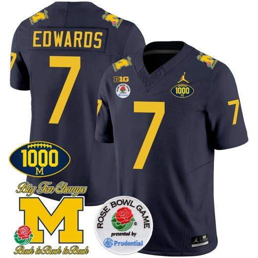 Men's Donovan Edwards Jersey #7 Michigan Wolverines Vapor Stitched 1000 Wins Rose Bowl Patch Navy