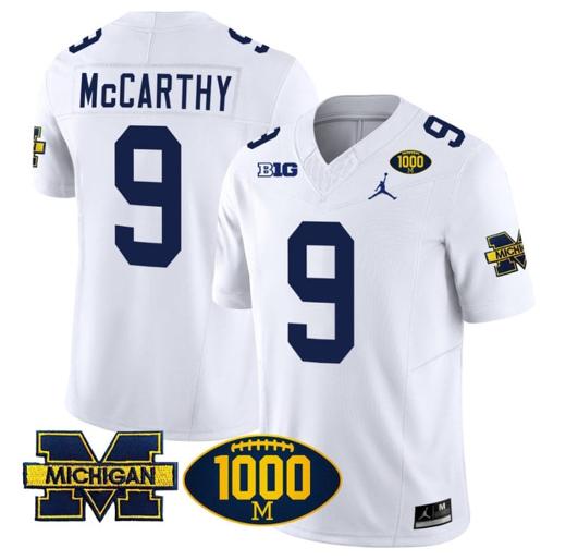 Men's JJ McCarthy Jersey #9 Michigan Wolverines 1000 Wins Patch Vapor College Football White