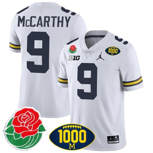 Men's JJ McCarthy Jersey #9 Michigan Wolverines 1000 Wins & Rose Bowl Patch Special White