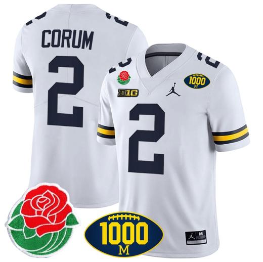 Men's Blake Corum Jersey #2 Michigan Wolverines 1000 Wins & Rose Bowl Patch Special White