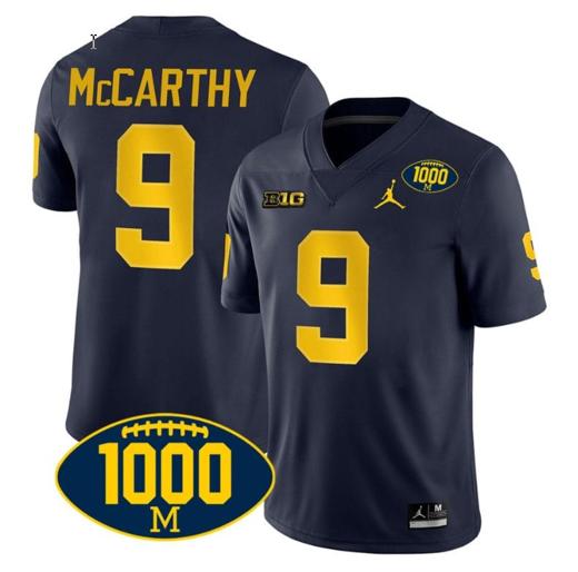 Men's JJ McCarthy Jersey #9 Michigan Wolverines 1000 Wins Patch College Football Navy