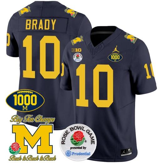 Men's Tom Brady Jersey #10 Michigan Wolverines Vapor Stitched 1000 Wins Rose Bowl Patch Navy