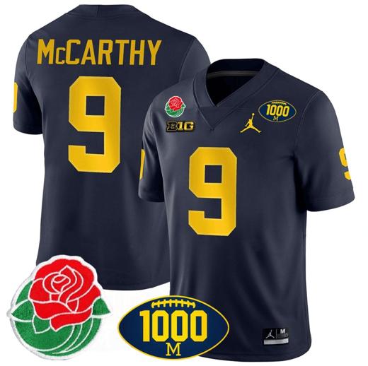 Men's JJ McCarthy Jersey #9 Michigan Wolverines 1000 Wins & Rose Bowl Patch Special Navy