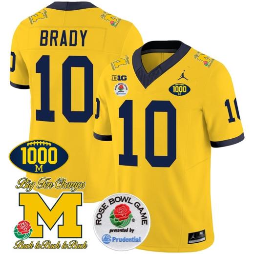 Men's Tom Brady Jersey #10 Michigan Wolverines Vapor Stitched 1000 Wins Rose Bowl Patch Maize